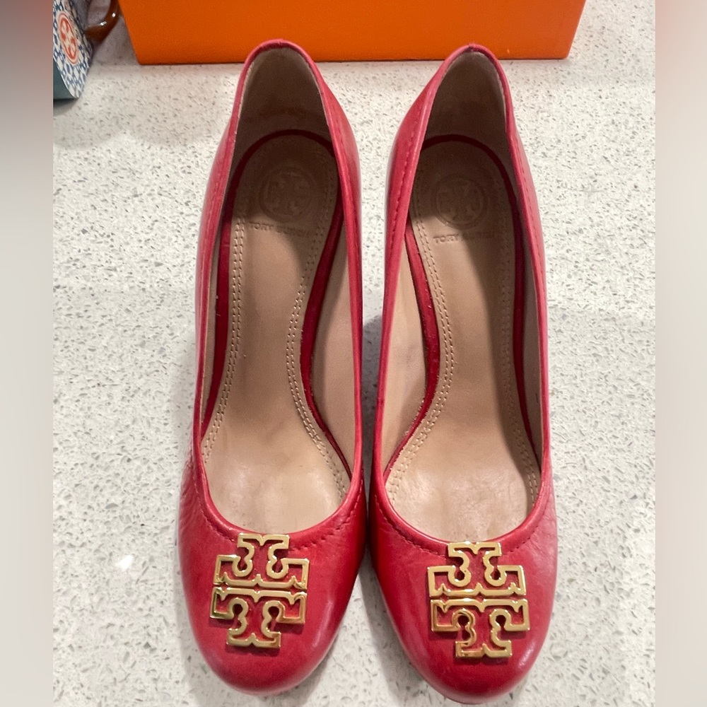 Tory Burch red Gold logo heel Leather wedges size 6